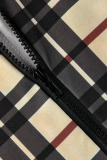Khaki Fashion Casual Plaid Printing Zipper O Neck Skinny  Romper