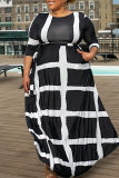 Black Fashion Casual Print Patchwork O Neck A Line Plus Size Dresses