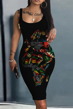 Black Fashion Sexy Print Basic U Neck Vest Dress