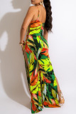 Red Sexy Print Patchwork Slit Spaghetti Strap Straight Jumpsuits