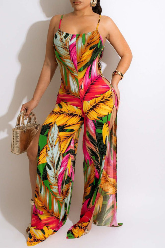 Red Sexy Print Patchwork Slit Spaghetti Strap Straight Jumpsuits