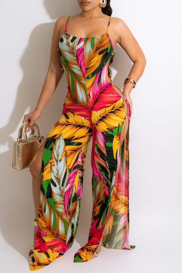 Red Sexy Print Patchwork Slit Spaghetti Strap Straight Jumpsuits