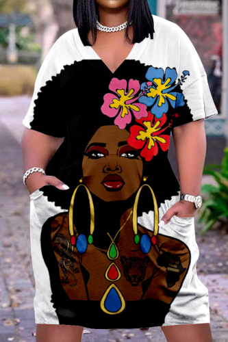 Black White Casual Street Print Patchwork V Neck Straight Dresses