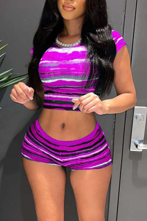 Purple Sexy Striped Print O Neck Short Sleeve Two Pieces