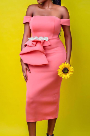 Pink Celebrities Elegant Solid Patchwork Off the Shoulder One Step Skirt Dresses