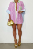 Pink Casual Striped Print Patchwork Buckle Turndown Collar Tops