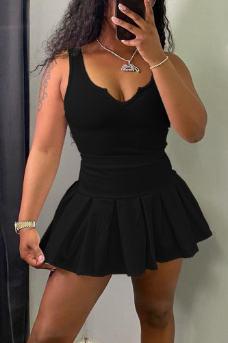 Black Casual Solid Patchwork U Neck Two Pieces