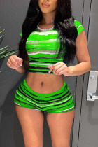 Green Sexy Striped Print O Neck Short Sleeve Two Pieces