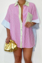 Pink Casual Striped Print Split Joint Buckle Turndown Collar Tops