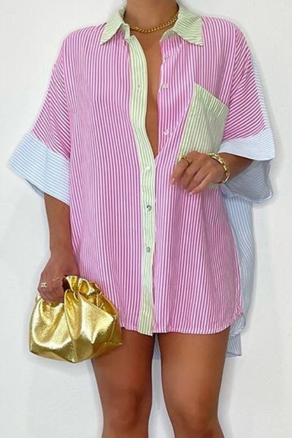 Pink Casual Striped Print Patchwork Buckle Turndown Collar Tops