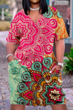 Colour Fashion Casual Print Basic V Neck Short Sleeve Dress