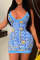 Blue Fashion Sexy Print Split Joint Spaghetti Strap One Step Skirt Dresses
