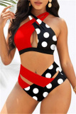 Blue Black Fashion Sexy Print Hollowed Out Patchwork Backless Swimwears (With Paddings)