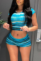 Blue Sexy Striped Print O Neck Short Sleeve Two Pieces