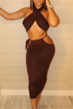 Brown Fashion Sexy Solid Bandage Hollowed Out Backless Halter Sleeveless Two Pieces