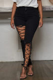 Black Fashion Casual Solid Bandage Hollowed Out High Waist Skinny Denim Jeans