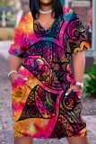 Khaki Fashion Casual Print Basic V Neck Short Sleeve Dress