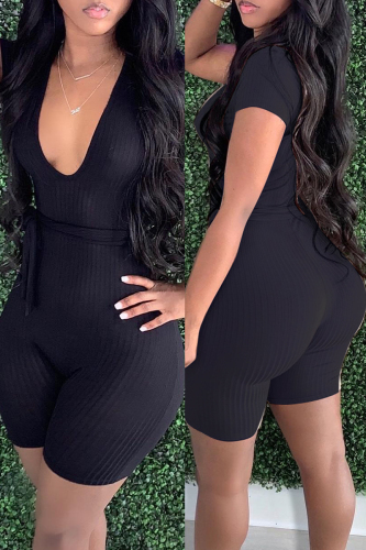 Black Fashion Casual Solid With Belt V Neck Skinny Romper