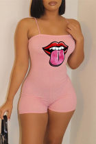 Pink Sexy Casual Lips Printed Backless Spaghetti Strap Skinny Romper