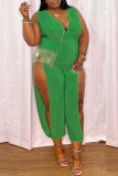 Green Fashion Casual Solid Hollowed Out V Neck Plus Size Jumpsuits