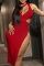 Red Fashion Sexy Solid Hollowed Out Slit O Neck Dresses