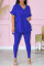 Blue Fashion Casual Solid Patchwork Slit V Neck Short Sleeve Two Pieces