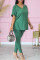 Green Fashion Casual Solid Patchwork Slit V Neck Short Sleeve Two Pieces