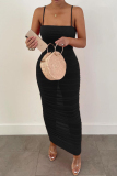 Black Fashion Casual Solid See-through Backless Fold Spaghetti Strap Long Dress