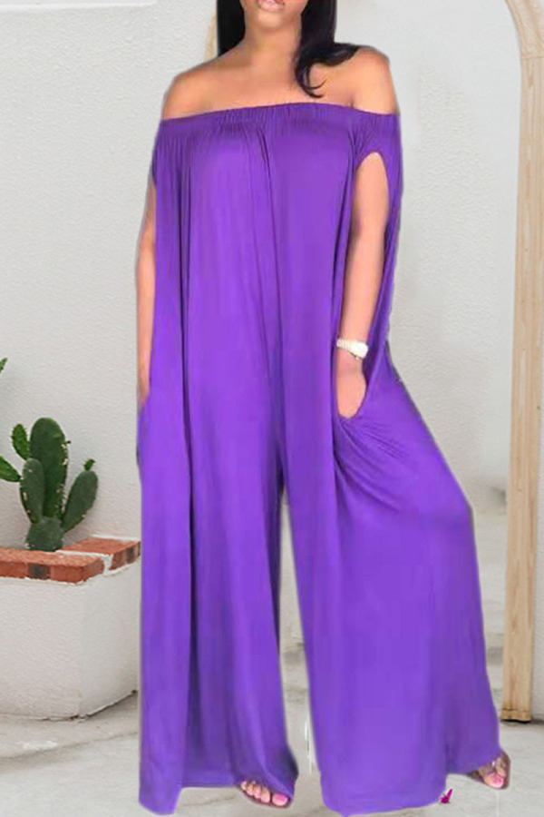 Purple Casual Solid Patchwork Off the Shoulder Straight Jumpsuits