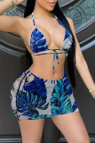 Blue Fashion Sexy Print Bandage Backless Halter Sleeveless Two Pieces