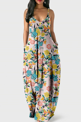 Yellow Casual Sweet Print Patchwork Spaghetti Strap Sling Dress Dresses
