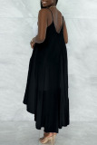 Black Sweet Elegant Solid Patchwork Fold Asymmetrical Spaghetti Strap Sling Dress Dresses