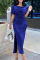 Blue Fashion Casual Solid Patchwork Slit O Neck Short Sleeve Dress