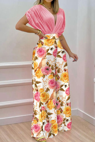 Pink Sexy Print Patchwork Fold V Neck Short Sleeve Two Pieces