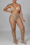 Khaki Sexy Solid Hollowed Out Patchwork See-through Halter Sleeveless Two Pieces