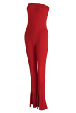 Red Sexy Solid Patchwork Slit Strapless Regular Jumpsuits