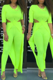 Fluorescent Green Fashion Casual Solid Hollowed Out Patchwork O Neck Short Sleeve Two Pieces