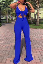 Blue Sexy Casual Solid Bandage Hollowed Out Backless Spaghetti Strap Boot Cut Jumpsuits