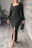 Black Fashion Casual Solid Slit Square Collar Long Sleeve Dresses