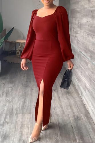 Red Fashion Casual Solid Slit Square Collar Long Sleeve Dresses