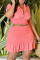 Rose Red Fashion Casual Solid Patchwork Zipper Collar Short Sleeve Two Pieces