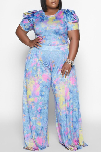 Blue Casual Print Patchwork O Neck Plus Size Two Pieces