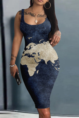 Tibetan Blue Fashion Sexy Print Basic U Neck Vest Dress