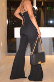 Black Sexy Casual Solid Bandage Hollowed Out Backless Spaghetti Strap Boot Cut Jumpsuits