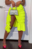 Fluorescent Yellow Sexy Street Solid Patchwork Fold Mid Waist Straight Solid Color Bottoms