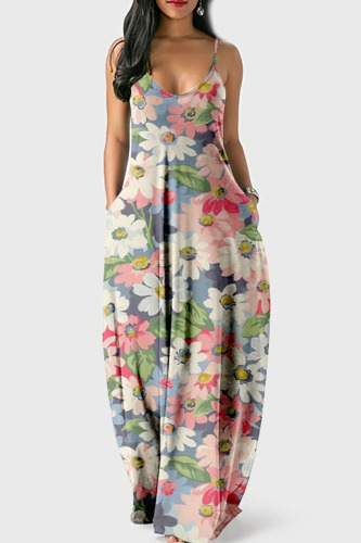 Blue Pink Casual Sweet Print Patchwork Spaghetti Strap Sling Dress Dresses