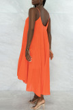 Tangerine Red Sweet Elegant Solid Patchwork Fold Asymmetrical Spaghetti Strap Sling Dress Dresses