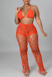 Tangerine Red Sexy Solid Hollowed Out Patchwork See-through Halter Sleeveless Two Pieces