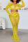Yellow Sexy Solid Hollowed Out Split Joint See-through O Neck Long Sleeve Two Pieces
