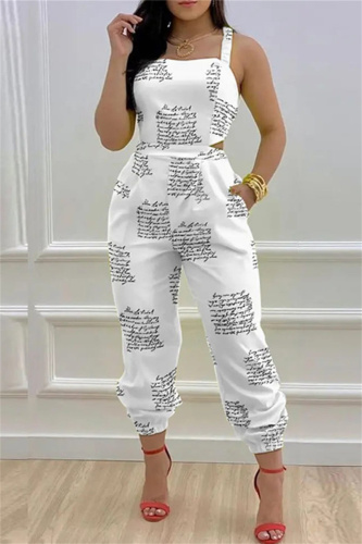 White Fashion Casual Letter Print Bandage Backless Spaghetti Strap Regular Jumpsuits